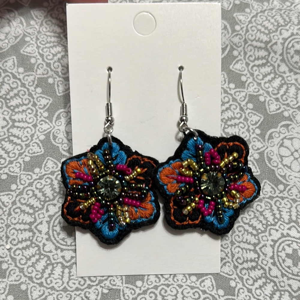 Floral Embroidered Earrings - Multicolor